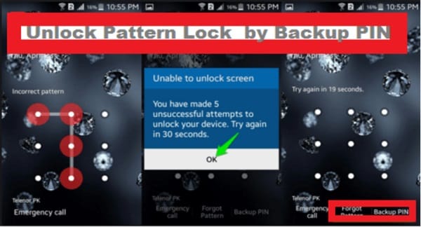 unlock pattern lock using backup pin