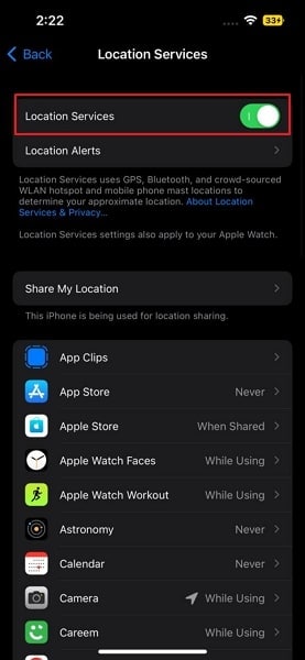 enable the location services option