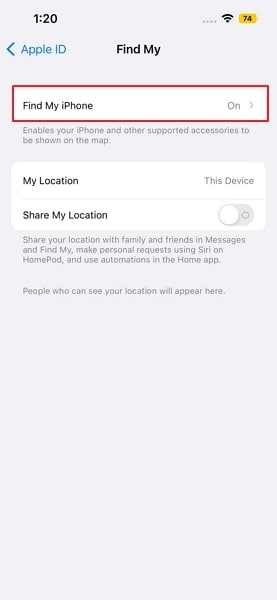 disable find my feature