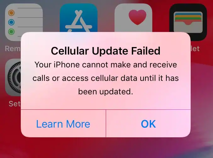 errore di aggiornamento cellulare non riuscito