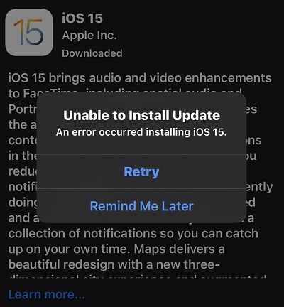 unable to update to ios 15