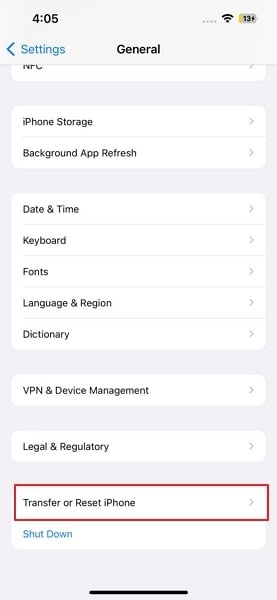 tap transfer or reset iphone