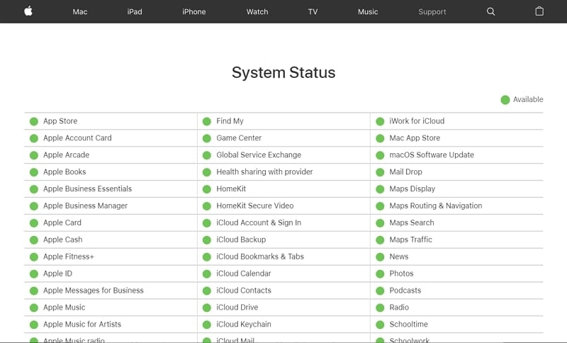 verificar o status dos servidores da Apple