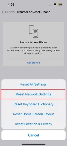select the reset network settings option