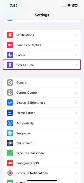 choose the option of screen time