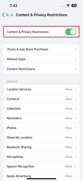 disable content and privacy restrictions