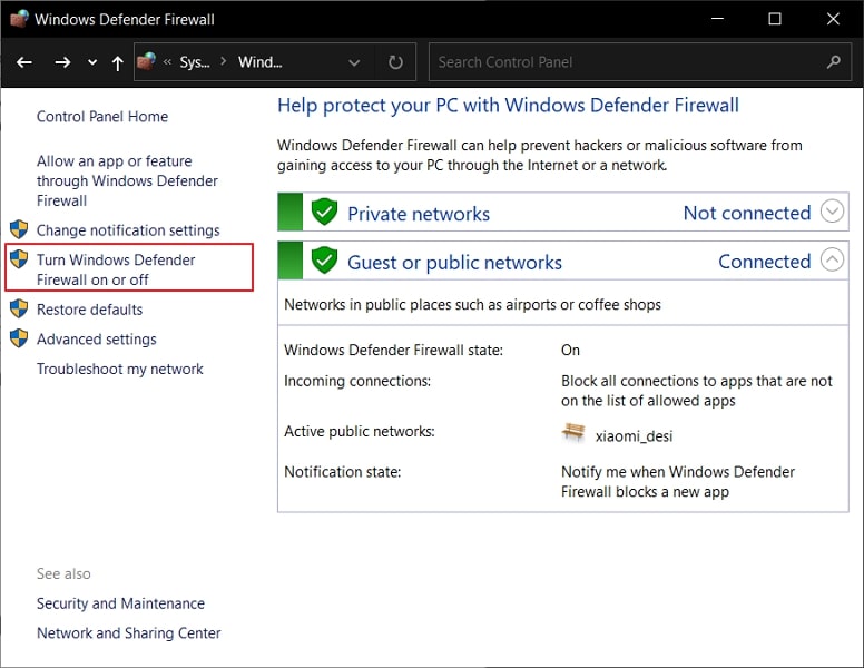 accesso all'opzione turn windows defender