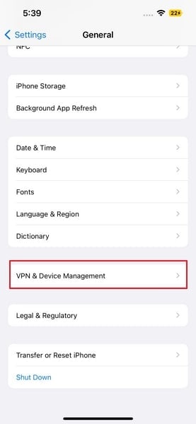 choose vpn and device management option