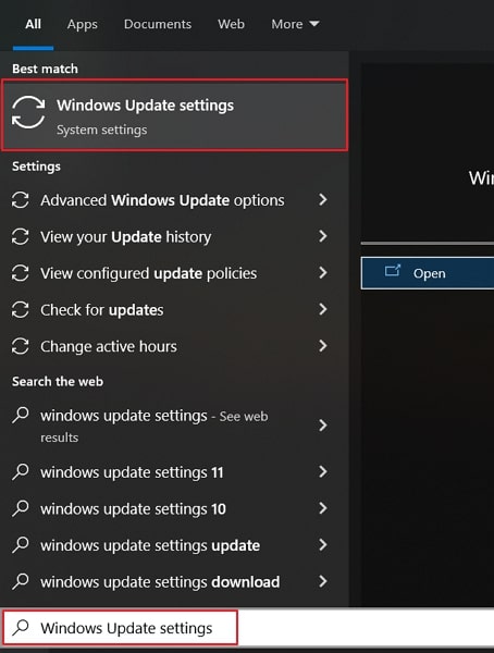 search for windows update settings