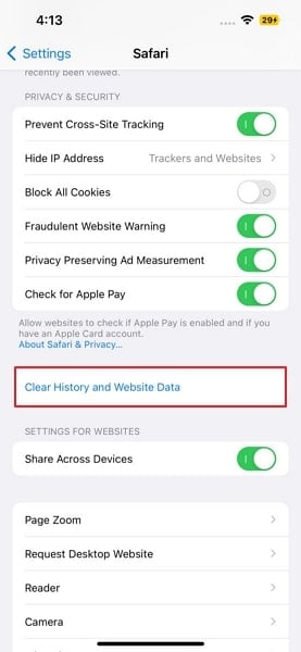 select clear history and website data