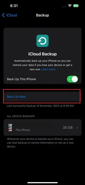 toque na opção fazer backup agora