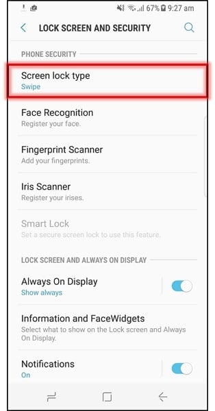 access screen lock type option