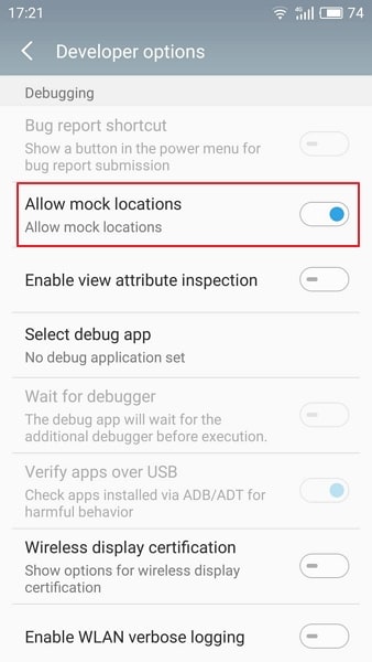 enable allow mock locations option
