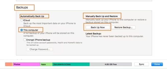 backup in itunes using usb