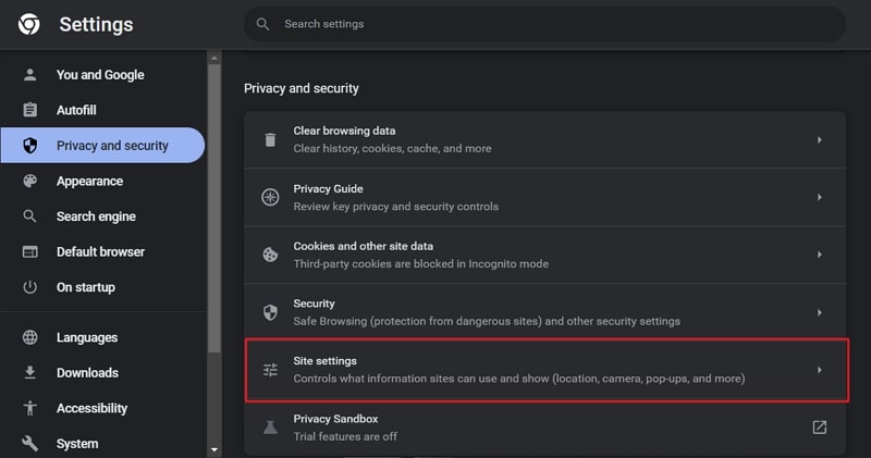 access the site settings option