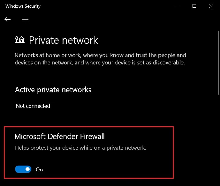 disabilitare l'opzione firewall Microsoft Defender