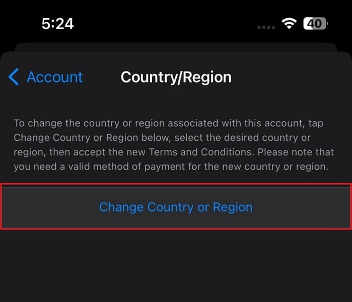 tap on change country or region