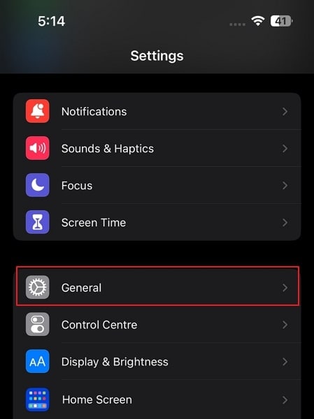 tap on the general option