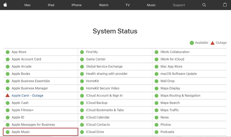 controllare lo stato del server apple music