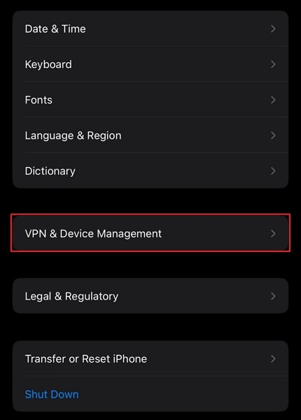 selecione a vpn e gerenciamento de dispositivos