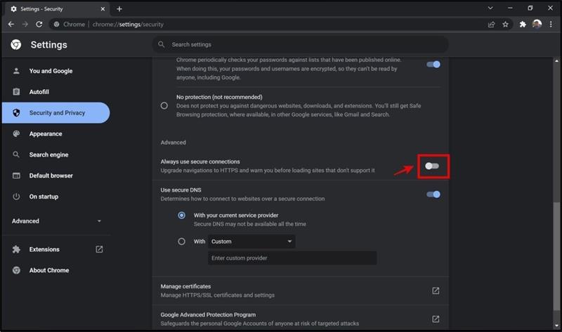 settings secure connection off