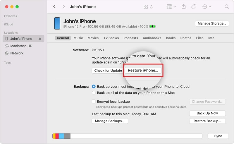 select the restore iphone option