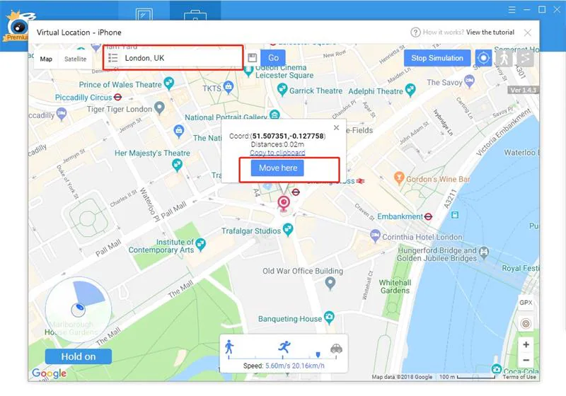 selecione a nova localização no itool virtual location