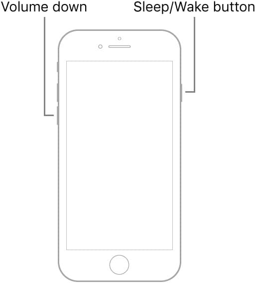 segure o botão ligar/desligar e volume do iphone 7