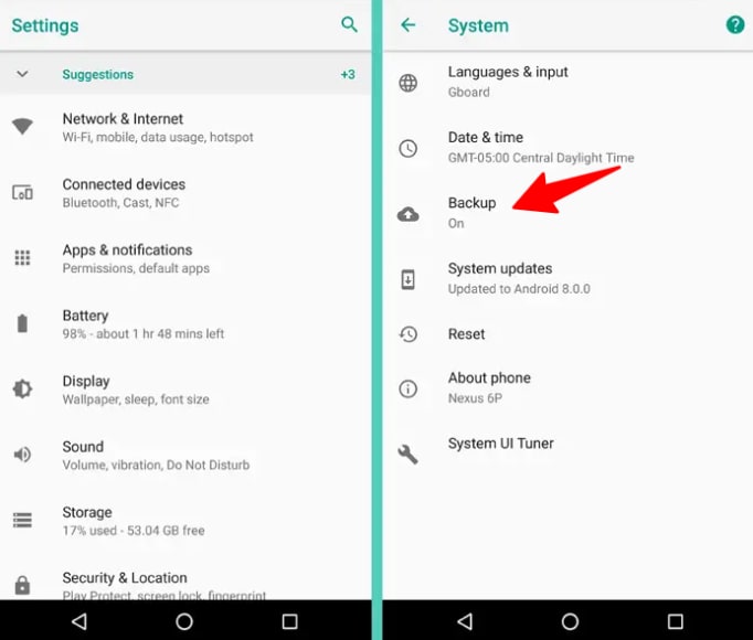 navigating to system backup android oreo