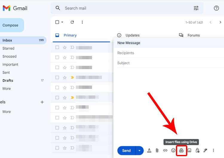 Insert files using Google Drive on email.