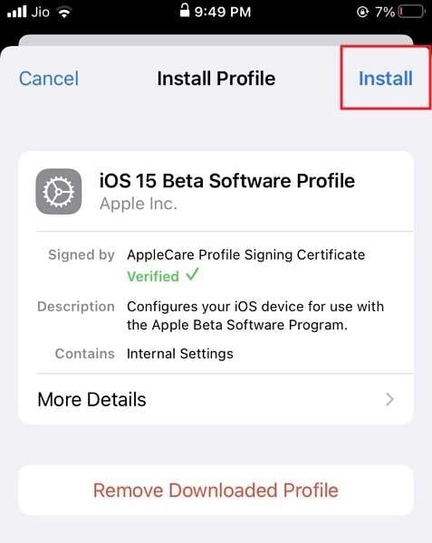 installare il profilo di ios 15 beta