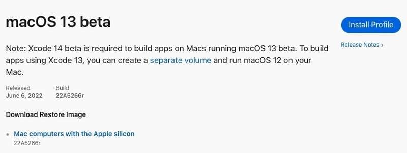 تثبيت ملف تعريف macos 13 beta