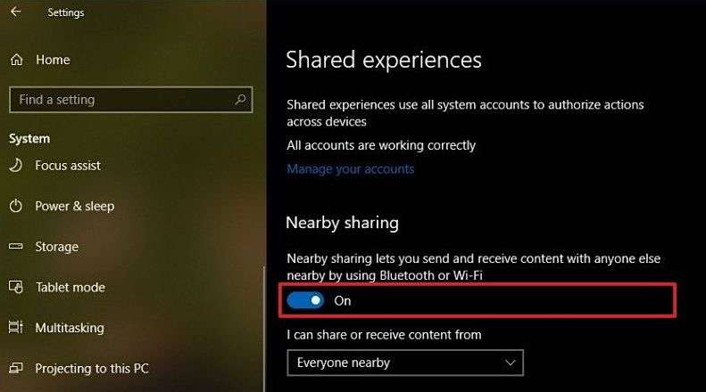turn on nearby sharing on pc