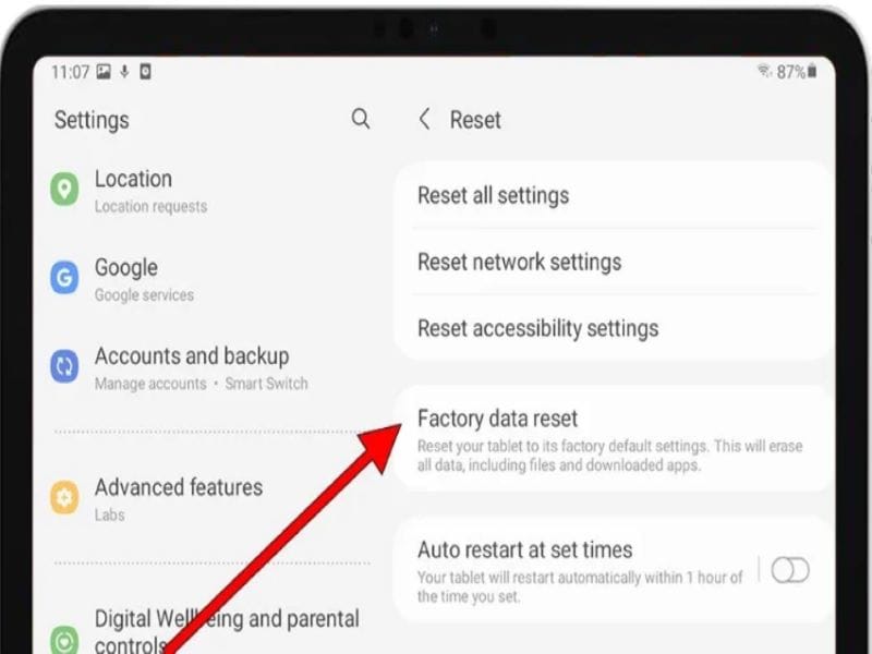 factory data reset option in settings