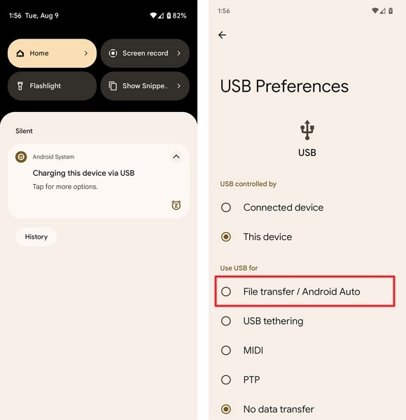choose file transfer android auto option