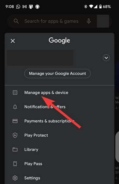 choose to manage apps and device option