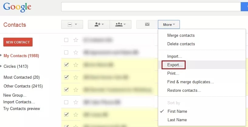 تصدير جهات الاتصال من gmail