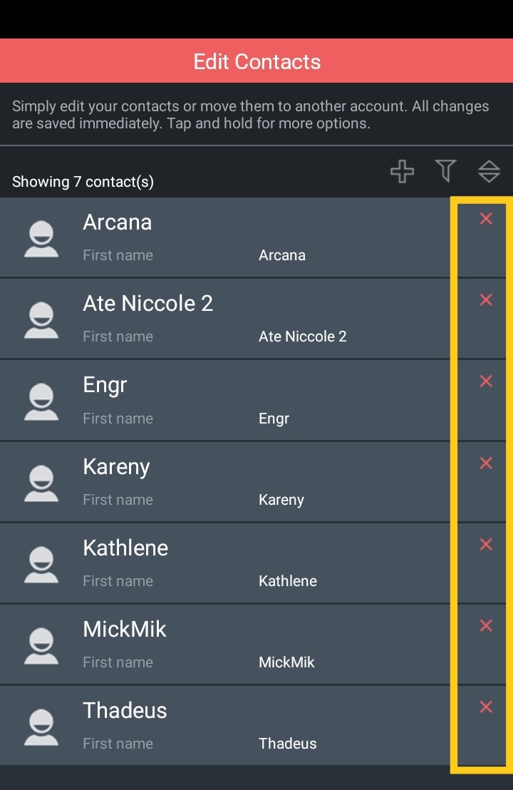 x-mark on the contact list