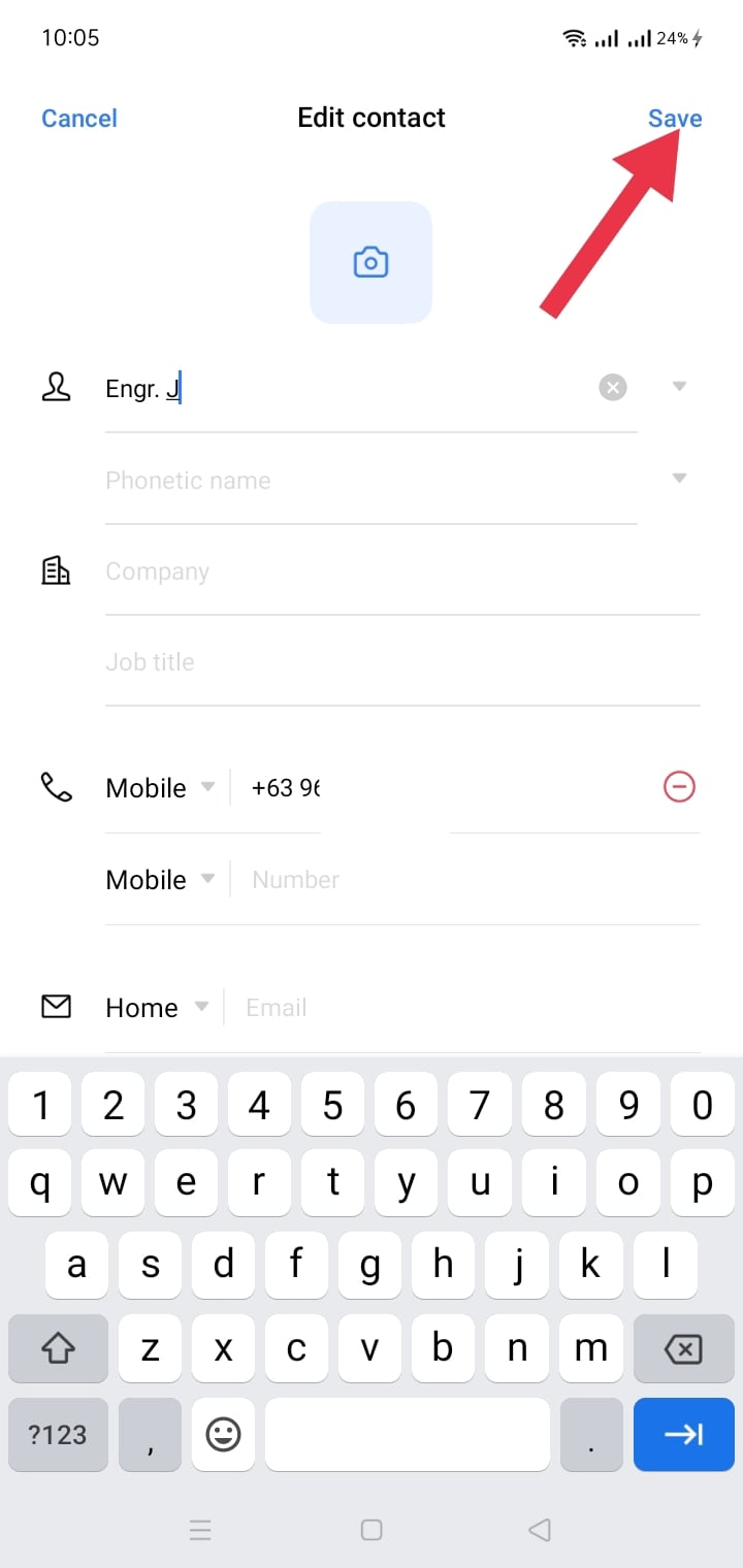 built-in contacts app save button