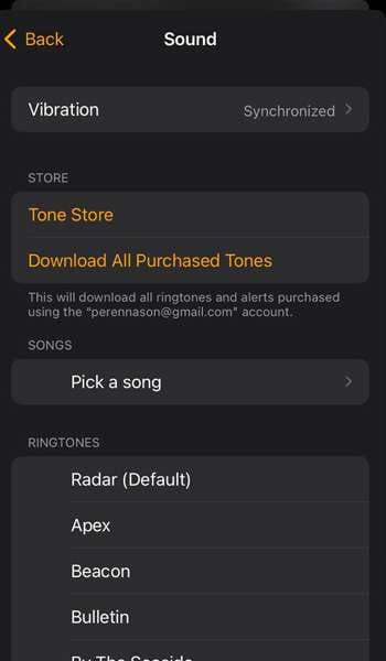 Select a new tone or song from the available list