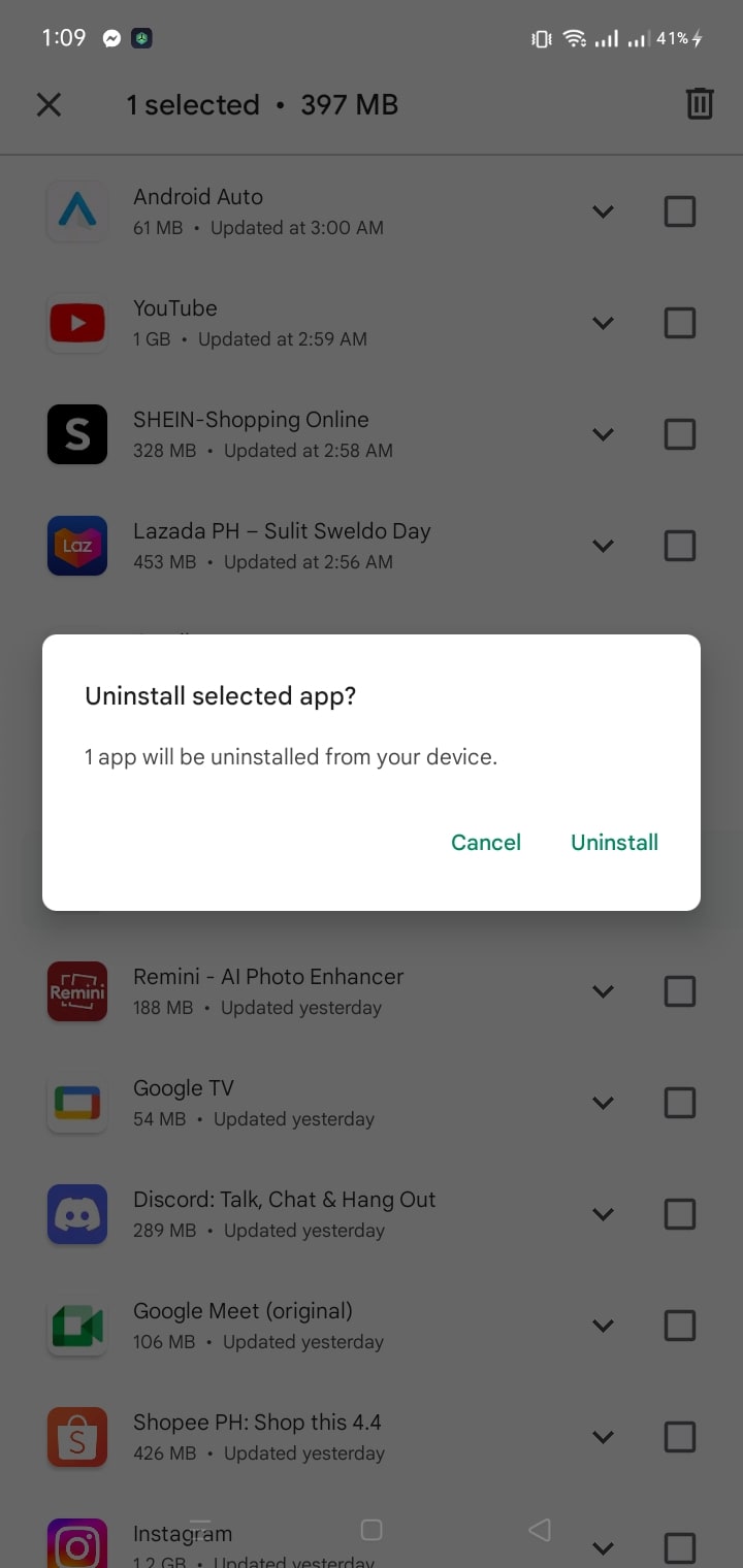 uninstall selected app