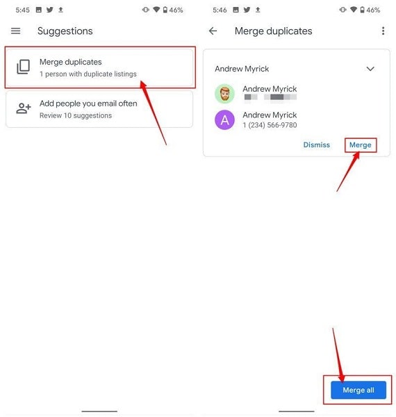 google contacts app deletes and merge duplicate contact
