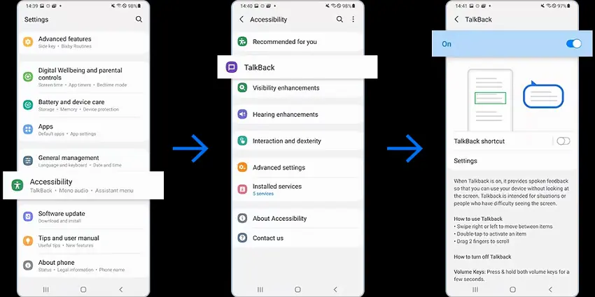 disabilitare il talkback di Samsung