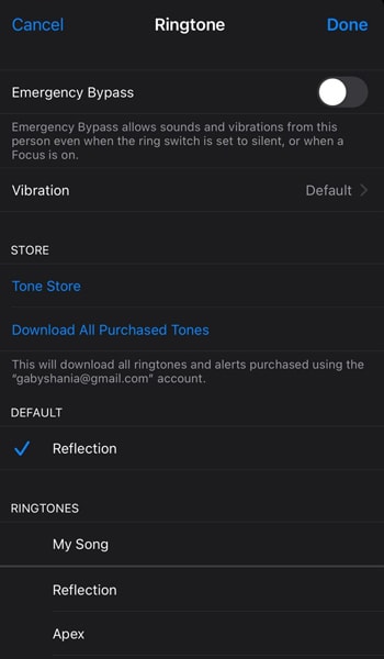 Select the available ringtone for the contact