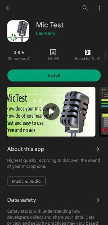 تطبيق Mic Test على متجر Google Play.
