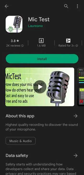 Aplicación Mic Test en Google Play Store.