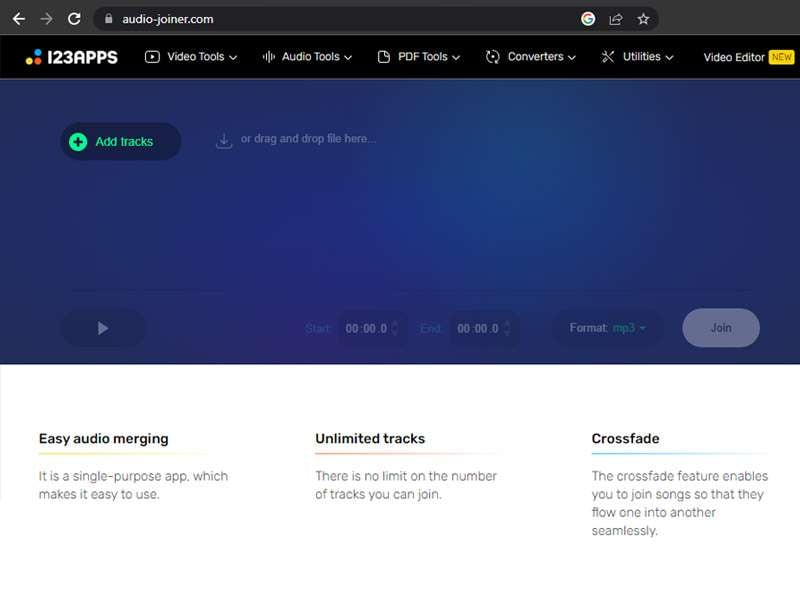 audio-joiner.com frontpage website interface