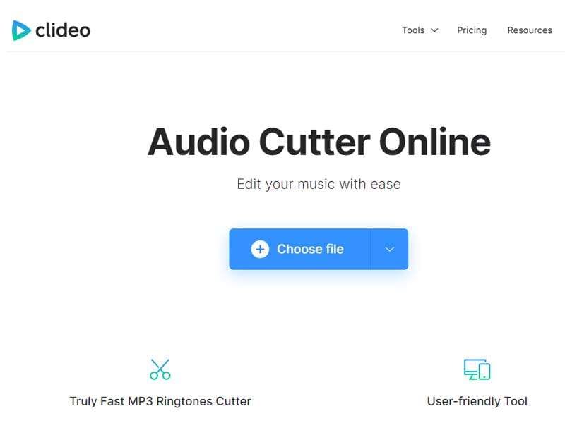 Interface du site web en ligne de Clideo's Audio Cutter
