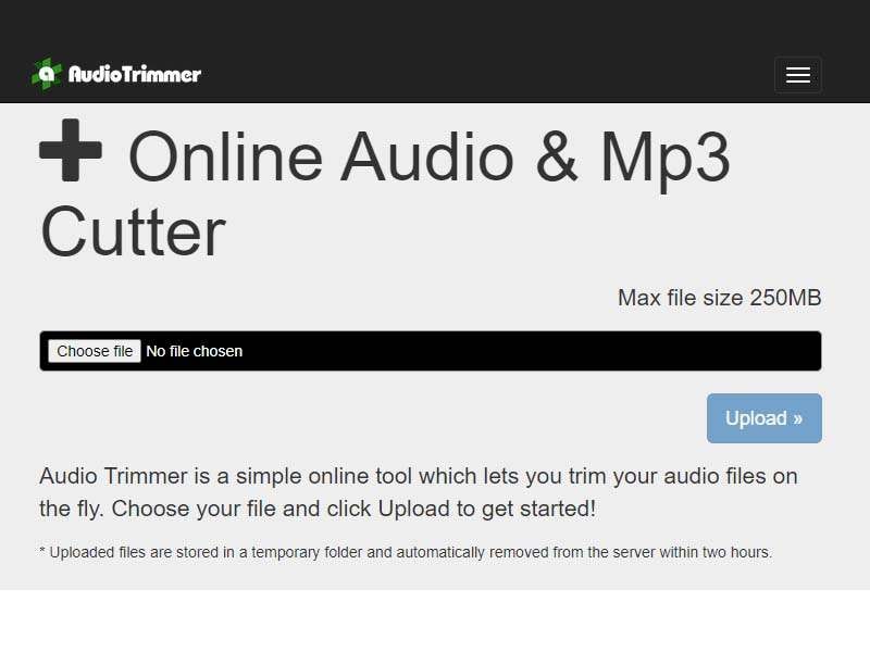 interfaccia del sito web audiotrimmer.com in prima pagina