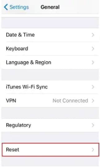 click reset in iphone settings